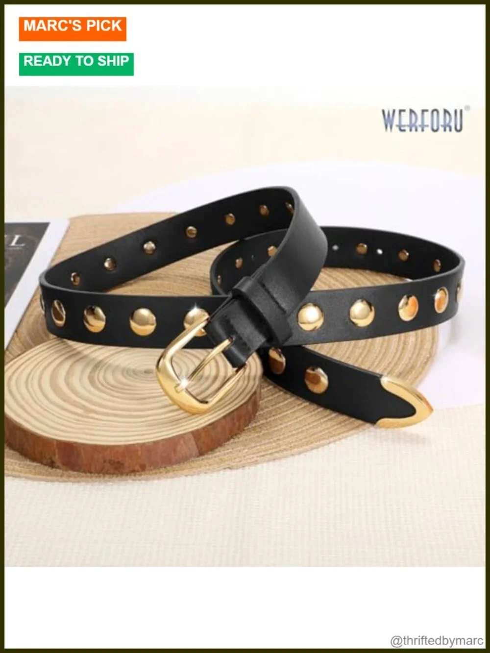 Faux Leather Studded Belt with Gold Buckle Punk Vintage Adjustable